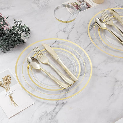 BESTVIP 450PCS Plastic Dinnerware Set (75 Guests), Clear Gold Disposable Plates for Party, Wedding, Christmas, Anniversary, Includes: Dinner Plates, Dessert Plates, Cups, Spoons, Forks and Knives