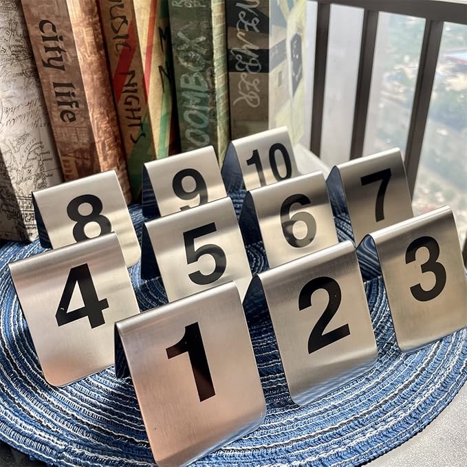 10 Pcs Metal Place Cards Stackable Tent Style Table Numbers，Place Card Holders for Celebration Wedding Party Restaurants Cafes Bars Gatherings meeting Room Board Game Serial (Medium 1-10, Black)