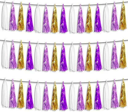 3P Purple-Gold Party Decoration Tassel Garland, Tassels Banner Streamers for Parade Floats, Bachelorette, Wedding, Birthday, Halloween, Christmas, Bridal/Baby Shower Party Decorations