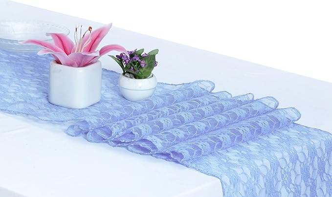 MDS Pack of 10 Wedding 12 x 108 inches Lace Table Runner for Wedding, Decorations for Birthday Parties, Banquets, Graduations, Engagements, and Runners fit Rectangle, Round Table- Baby Blue