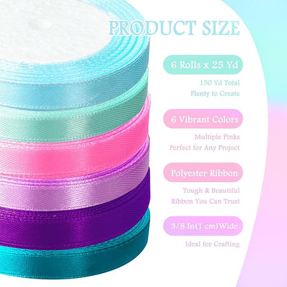 3/8" 6 Colors X 25 Yards Pink Green Blue Satin Ribbon,150 Yards Assorted Colors Satin Ribbons for Flower Bouquet,Ribbons for Gift Wrapping Happy Birthday Party Decorations