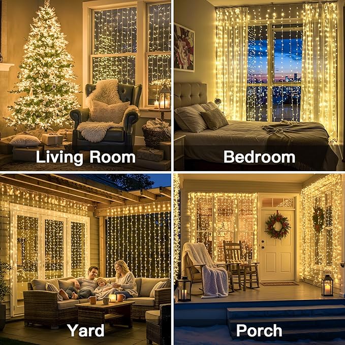 suddus Curtain Lights for Bedroom, 300 Led 9.8x9.8ft Hanging String Lights Outdoor, Fairy Curtain Lights Indoor for Christmas, Dorm, Wall, Backdrop, Window, Wedding, Party, Birthday Decor, Warm White