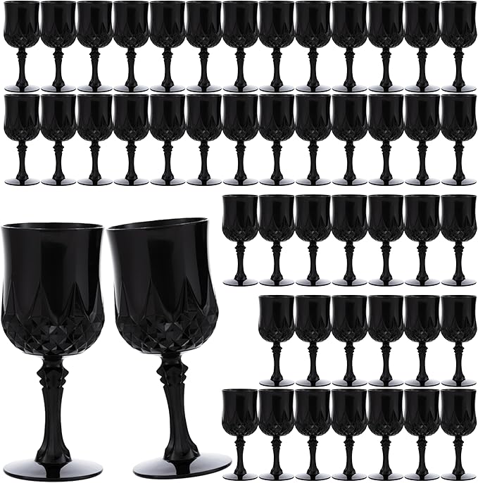 JLYLOL Plastic Vintage Wine Glasses 7OZ Plastic Goblets Vintage Drinking Glasses 48PCS Retro Wedding Glassware Water Goblets Reusable Drinking Cups for Party,Reception,Celebration,Bar,Whiskey(Black)