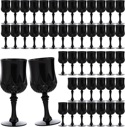 JLYLOL Plastic Vintage Wine Glasses 7OZ Plastic Goblets Vintage Drinking Glasses 48PCS Retro Wedding Glassware Water Goblets Reusable Drinking Cups for Party,Reception,Celebration,Bar,Whiskey(Black)
