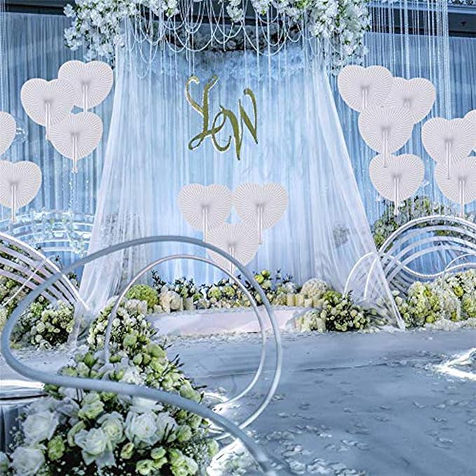 12 Pcs Decorative Paper Folding Hand Fans Handheld,White Heart Foldable Wedding Fans Chinese and Japanese Fans Bulk for Bridal Guest Church Party Favors Dancing Birthday DIY