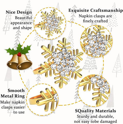 Halatool Christmas Napkin Rings Set of 12, Gold Snowflake with White Rhinestone Napkin Holder for Christmas Thanksgiving Winter Holiday Place Setting, Weddings, Party Table Decoration