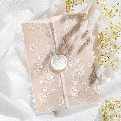 50 Pack Pre-Folded Vellum Jackets for 5x7 Invitations,AZAZA Translucent Invitation Sleeves,115GSM Vellum Jackets 5x7, Wedding Invitation Accessories,for Weddings Birthdays,Botanical Flower Pattern