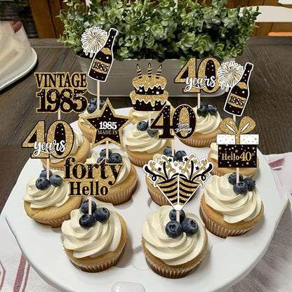 36PCS Happy 40th Birthday Cupcake Toppers Double Sided Black Gold Forty Hello 40 Vintage 1985 Cupcake Picks Cheers to 40 Years 40 Fabulous Cake Decorations for 40th Birthday Party Supplies