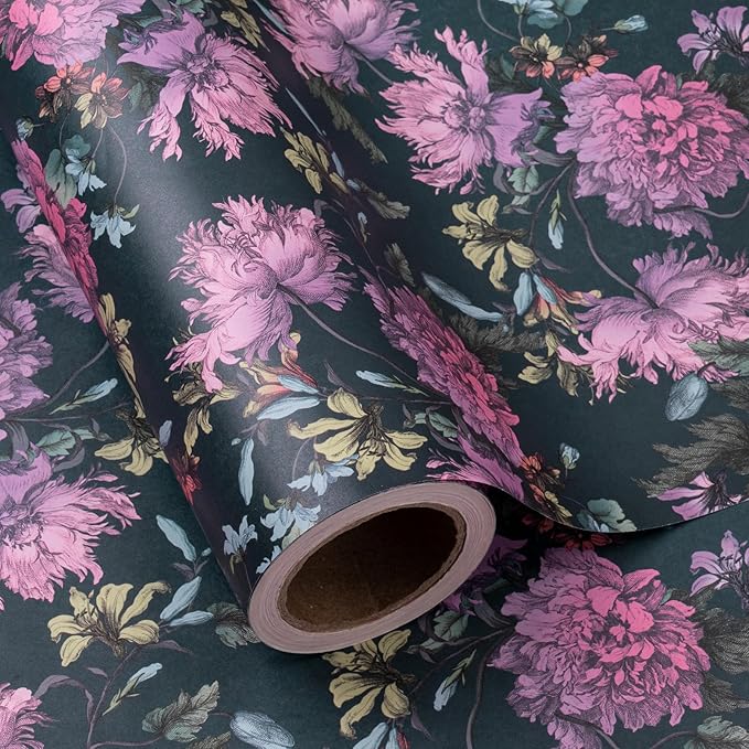 WRAPAHOLIC Kraft Floral Wrapping Paper Roll - Mini Roll - 17 Inch x 16.5 Feet - Vintage Flower Wrapping Paper Perfect for Wedding, Birthday, Bridal Shower, Tea Party