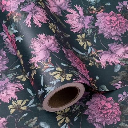 WRAPAHOLIC Kraft Floral Wrapping Paper Roll - Mini Roll - 17 Inch x 16.5 Feet - Vintage Flower Wrapping Paper Perfect for Wedding, Birthday, Bridal Shower, Tea Party