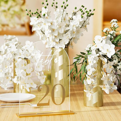 Arch Wedding Table Numbers 1-30 with Stands, Elegant Gold Number 5.5 x 7” Arch Acrylic Signs with Holder, Clear Acrylic Table Numbers for Wedding Reception, Anniversary, Party, Events