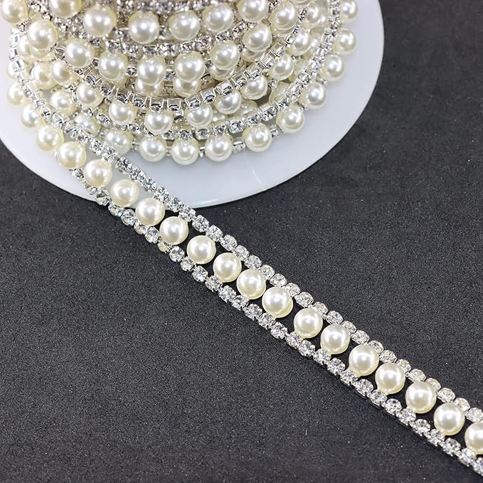 Jerler Rhinestone Trim Applique 2 Yards 2 Rows Crystal Chain Banding Diamond Inlaid White Pearl Beaded Rhinestones for Crafts Clothing and Bridal Embellishments Wedding Ideas Christmas Decorations