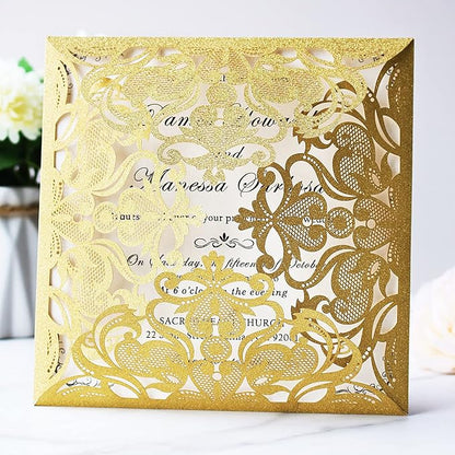 Hosmsua 50PCS Personalized Gold Laser Cut Wedding invitation Cards With Envelopes 6.3 x 6.3 Inch Hollow Lace Rose Invitation Pocket for Engagement Wedding Bridal Shower Invite (Gold Glitter)