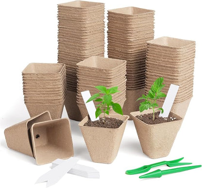 Square Peat Nursery Pots 150 Pcs 3in Biodegradable and Label, Used for Outdoor Gardens in Plant Nurseries