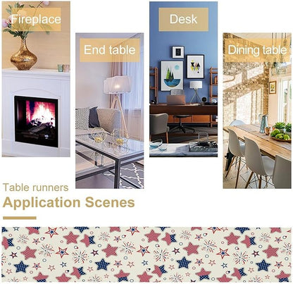 4th of July Table Runner, American Patriotic Independence Day Red Blue White Stars Stripes Fireworks Print Table Runner for Home Party Decor Kitchen Dining Table, 13x120inch
