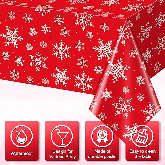 Jectivs 12 Pieces Christmas Snowflake Plastic Party Tablecloth Decorations,White Snowflake Red Xmas Backdrop Sign Table Cover Banner for Winter Christmas Holiday Party Supplies,54x108 inch (Red)
