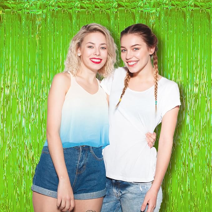 2 Pack Green Iridescent Tinsel Foil Fringe Curtains, Neon Party Decorations, Metallic Tinsel Party Streamers Backdrop for Birthday Baby Shower Halloween Wedding Party Decorations