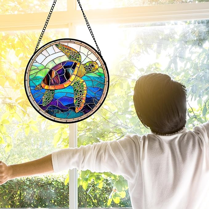 Stained Glass Window Hanging, Colored Turtle Ocean Suncatcher Diamond Glass Panel Hangings Marine Life Sun Catchers Decor for Birthday for Women, Men, Wife, Aunt, Mom 11.8 in
