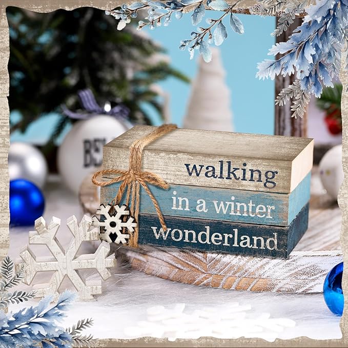 4 Pcs Christmas Table Decorations Winter Snowflake Tiered Tray Decorations Decorative Mini Wooden Books Signs Block Centerpiece for Shelf Office Tabletop Bookshelf Housewarming Gifts