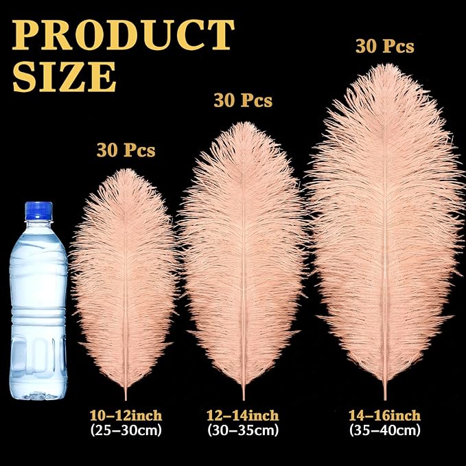 Maitys 90 Pcs Large Natural Ostrich Feathers Bulk 14-16 Inch (35-40cm) 12-14 Inch (30-35cm) 10-12 Inch (25-30cm) Ostrich Feathers Plumes for Centerpieces Wedding(Champagne)