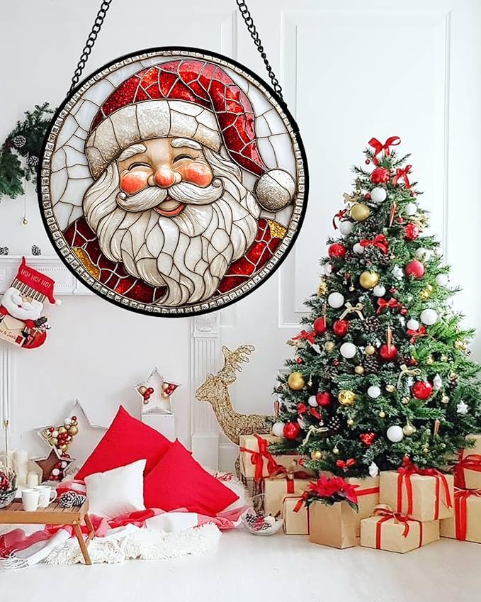 Stained Glass Window Hanging - Red White Santa Claus Suncatcher for Doors Home Christmas Decoration Winter Sun Catcher Thanksgiving New Year Birthday Gifts for Women Men Mom Nana Girl 7.8 in