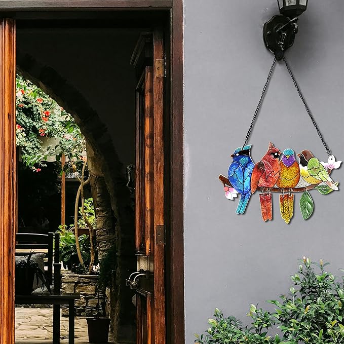 2 Pack Stained Glass Window Hanging - Hummingbird Decorations Suncatcher Hand-Painted Double Sided Birds on A Branch Sun Catcher for Window Home Decor Gifts for Mom,Bird Lovers