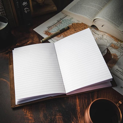 Refillable Leather Journal | Premium Lined A5 Notebook Cover | 200 Ruled Writing Pages | Card Holder Slot | Leather Bound Journals for Men & Women, Best Gift Travel Diary, Cool Planner
