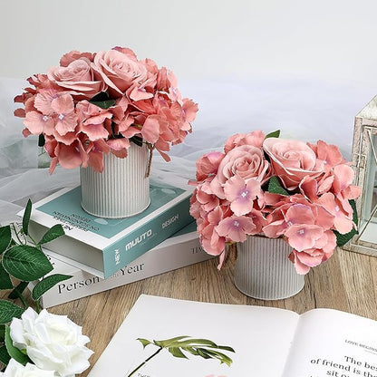Flower Table Centerpieces - Set of 6 Floral Arrangement Artificial Wedding Hydrangeas Floral Arrangement with Rustic Metal Vase for Bridal Tea Party Event Decorations - Deep Pink