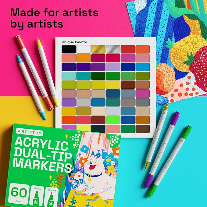 ARTISTRO 60 Dual Tip Acrylic Paint Markers, Acrylic Paint Pens, Fabric Markers for Textile, Rock, Glass, Wood, Paper, Ceramic, Canvas DIY Art Supplies Kit for Kids and Adults (Dual Tip Dot + Fine, 60)