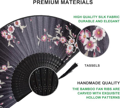 Amajiji 8.27"(21cm) Hand Held Bamboo Silk Folding Fan Hand Fan,Chinese/Japanese Charming Elegant Vintage Retro Style,Women Ladys Girls Best Gifts (Black Redbud)