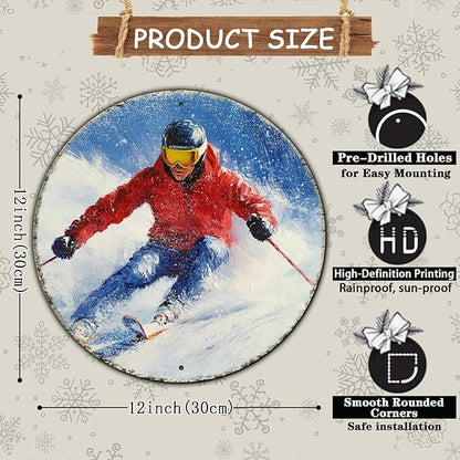 Round Ski Vintage Metal Sign Skiing Sign, Office Sign Home Décor Ski Lodge Décor Cabin Tin Sign 12 * 12 in