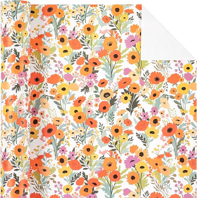 WRAPAHOLIC Kraft Floral Wrapping Paper Roll - Mini Roll - 17 Inch x 33 Feet - Bright Summer Flower Wrapping Paper, Perfect for Wedding, Birthday, Bridal Shower, Tea Party
