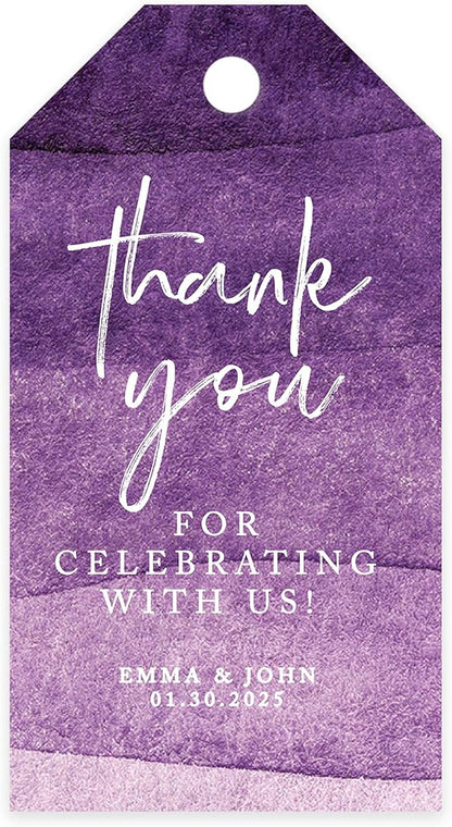 Andaz Press 100-Pack Personalized Thank You for Celebrating with Us Wedding Favor Tags with Bakers Twine Purple Ombre Watercolor Custom Cardstock Wedding Gift Tags for Party Favors 2 x 3.75-Inches