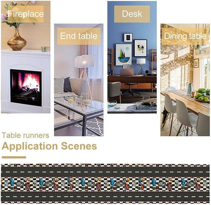 Race Car Table Runner,Checkered Flag Black and White Race Cars Pattern Print Tablecloth Burlap for Hotel Indoors Outdoor Dining Room Kitchen Home Decor,W13X L60 in