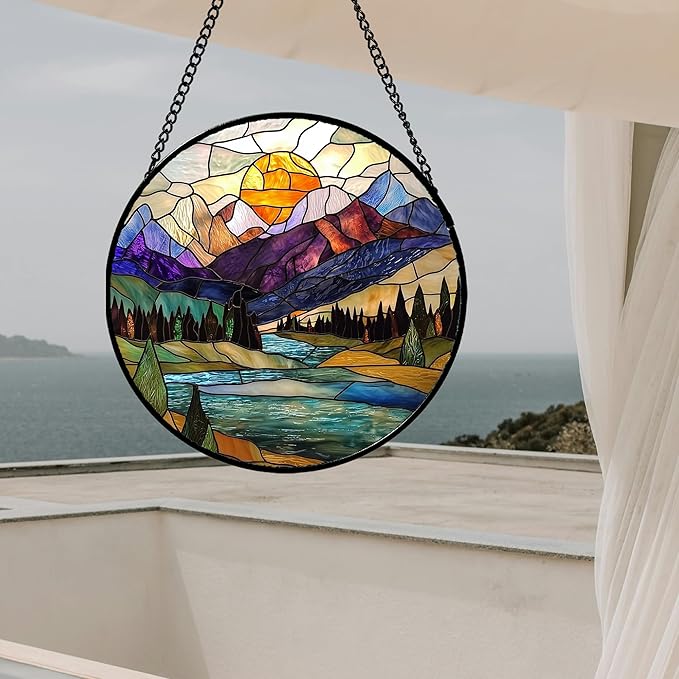 Stained Glass Window Hanging, Blue Lake Golden Sun Abstract Mountains Landscape Suncatcher for Doors Window Home Sun Catchers Decor Mother's Day Birthday Gifts for Women Men Mom 6.3 in