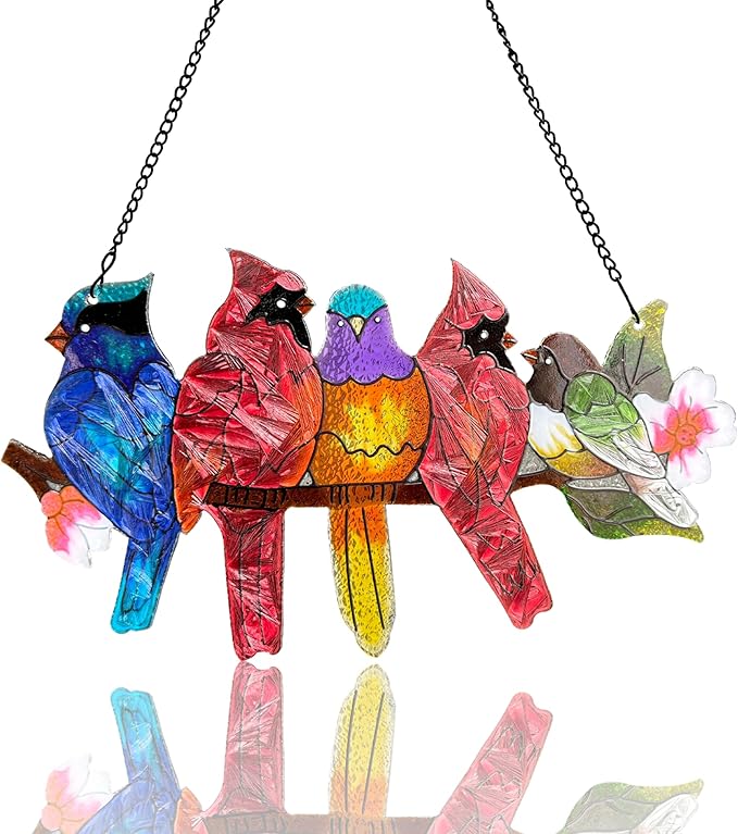 Stained Glass Window Hanging - Large Stained Glass Birds on Branch, Birds Sun Catchers Indoor Window with Chain and Hook Gifts for Bird Lover, Mom, Grandma, Stocking Stuffers for Women