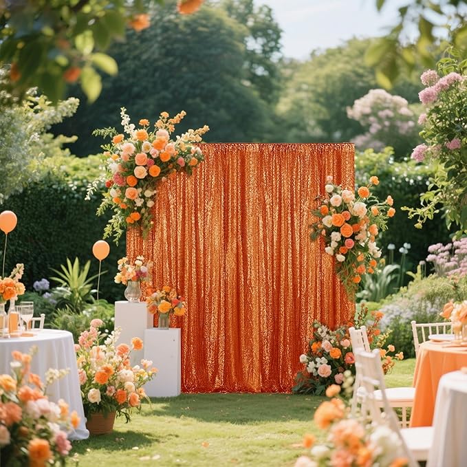 Orange Sequin Backdrop Curtain 2 Pieces 2FTx8FT Glitter Photography Backdrop for Party Wedding Birthday Christmas Decorations