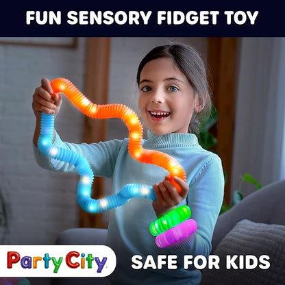 Party City 6pk LED Light Up Pop Tubes 25”- 3 Mode Stretchy Tubes LED Light Up Toys Bulk Glow Sticks Party Favors for Kids Necklaces Bracelets Neon Glow in the Dark Supplies Fidget Sensory Tube Pack