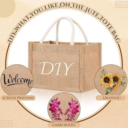Cunno 24 Pcs Burlap Tote Bag Mini Jute Reusable Waterproof Bag with Handles Small Blank Canvas for Wedding Beach DIY Gift(Classic,9.06 x 6.3 x 5.12)