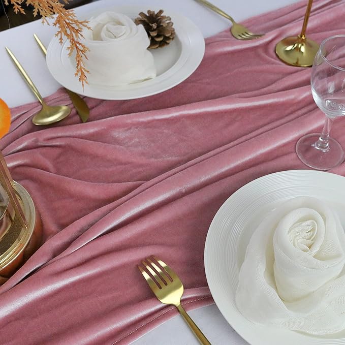 Velvet Table Runner, 10ft Luxurious Wedding Reception Decorations Soft Velvet Fabric Table Linen Overlay for Party (20 x 120 inch, Dusty Rose)