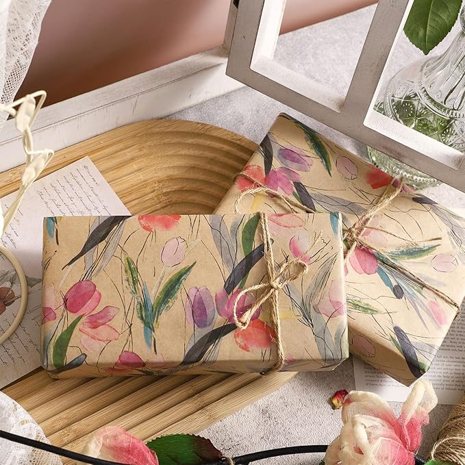 RUSPEPA Tulips Floral Wrapping Paper Roll, Watercolor Gift Wrap, Mini Roll Kraft Paper Roll for Girls, Spring, Summer, Wedding and Birthday 17 Inches x 32.8 Feet