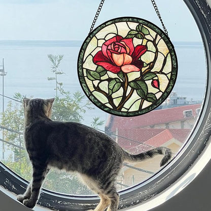 Stained Glass Window Hanging, Red Rose Flowers Sun Catcher for Door Garden Home Decor Suncatcher Christmas Mother's Day Birthday Gifts for Women Lovers Men Wife Girlfriend Mom Nana 9.8 in