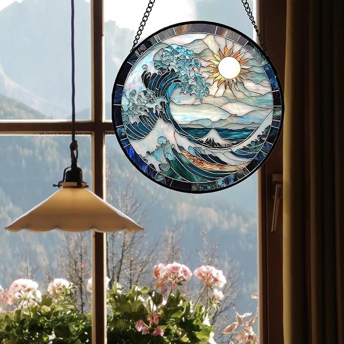 Stained Glass Window Hanging - White Sun Big Wave Suncatcher for Door Terrace Garden Home Decor Blue Ocean Landscape Sun Catcher Birthday Gifts for Lovers Women Men Dad Mom Nana 6.3 in