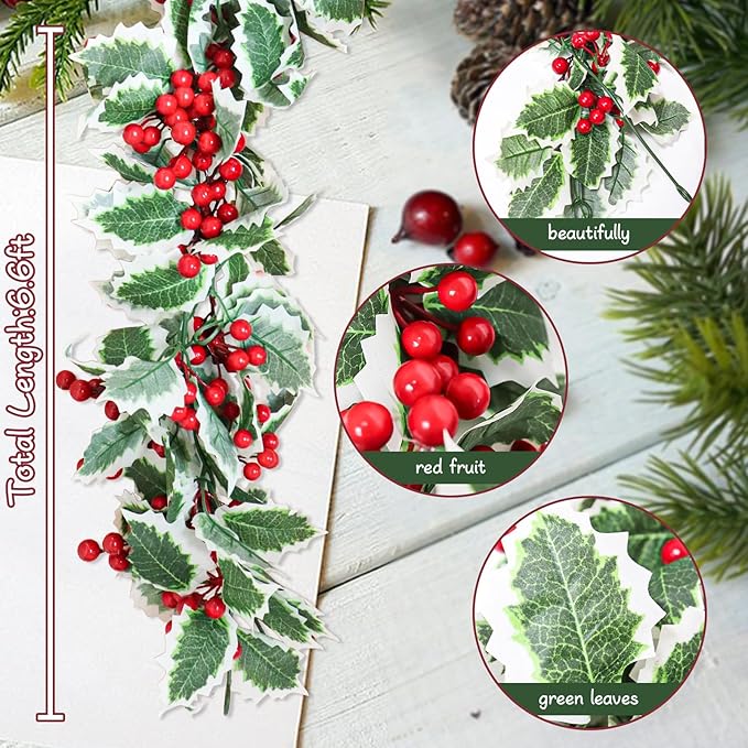 MAKHOT 6Ft Eucalyptus Garland, Green Leaves Wreath Vines Garlands Decorations, Artificial Red Berry Garland for Fireplace Gate Mantle Table Home Party Decor