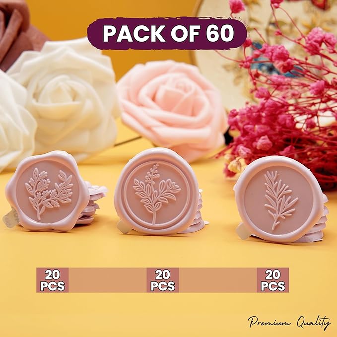 Wax Seal Stickers (60 Pcs, 3 Designs in 1 Pack) Premium Envelope Seal Stickers for Wedding Invitation Envelopes, Adhesive Wax Seals, Perfect for Seating Chart, Gift Wrapping
