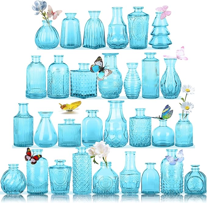 Glass Bud Vase Set, Mini Vases for Flowers, Bulk Vintage Mini Vases for Centerpieces Wedding Decor, Home Flower Décor, Candle Holders, Diffuse Bottles, Hydroponic, (Pack of 30,Sky Blue)