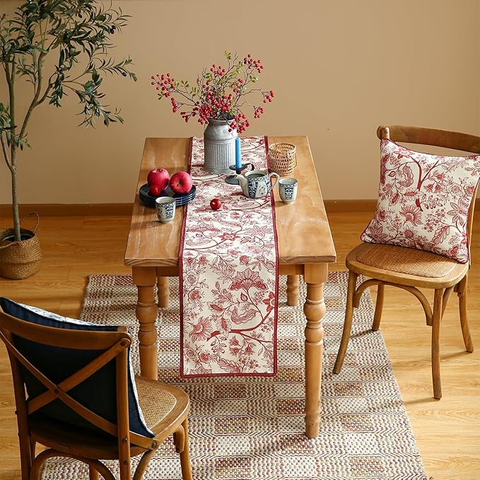 ISAENNE Designer Chinoiserie Elegant Linen Table Runner 87 Inches Long,Red Floral Pattern Decor Table Runners for Thanksgiving,Dining Room,Banquet,Kitchen Tables,Christmas,12"*87"-Ruyi A