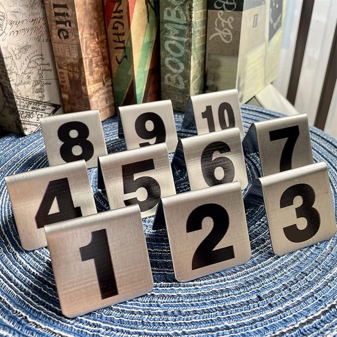10 Pcs Metal Place Cards Stackable Tent Style Table Numbers，Place Card Holders for Celebration Wedding Party Restaurants Cafes Bars Gatherings meeting Room Board Game Serial (Small 1-10, Black)