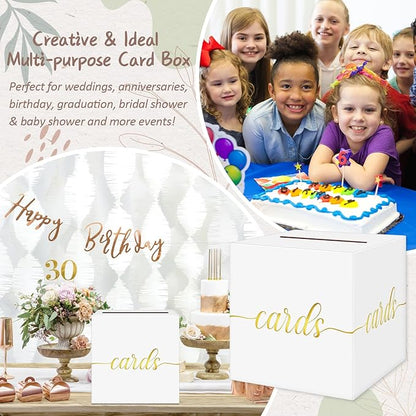 QIKSION White Wedding Card Box, Gold Foil Gift Card Box for Party, Wedding Reception, Birthday, Graduation, Baby Shower, Raffle