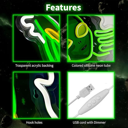 Alien Neon Sign,Dimmable Green Alien Led Neon Lights for Wall Decor Game Room Home Bar Party Bedroom Man Cave Decor,USB Powered Alien Light up Sign Gifts for Kids Teen Boy Room Decor
